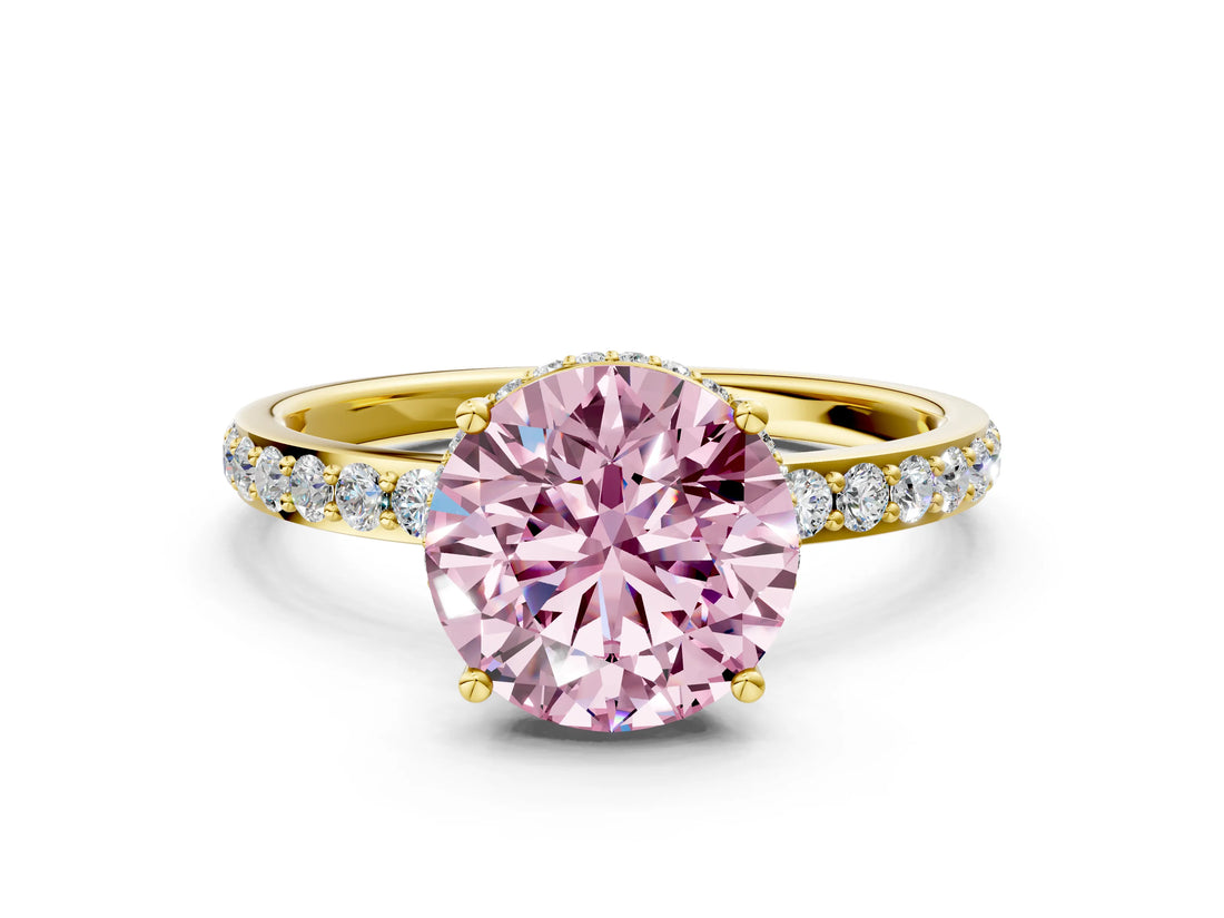 Yellow gold Fancy Pink Round Cut Diamond Solitaire Ring with Pavé Band and Hidden Halo_20