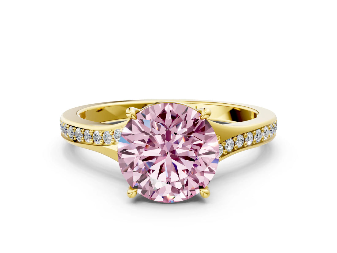 Yellow gold Fancy Pink Round Cut Diamond Solitaire Ring with Pavé Band and Prong Setting_12