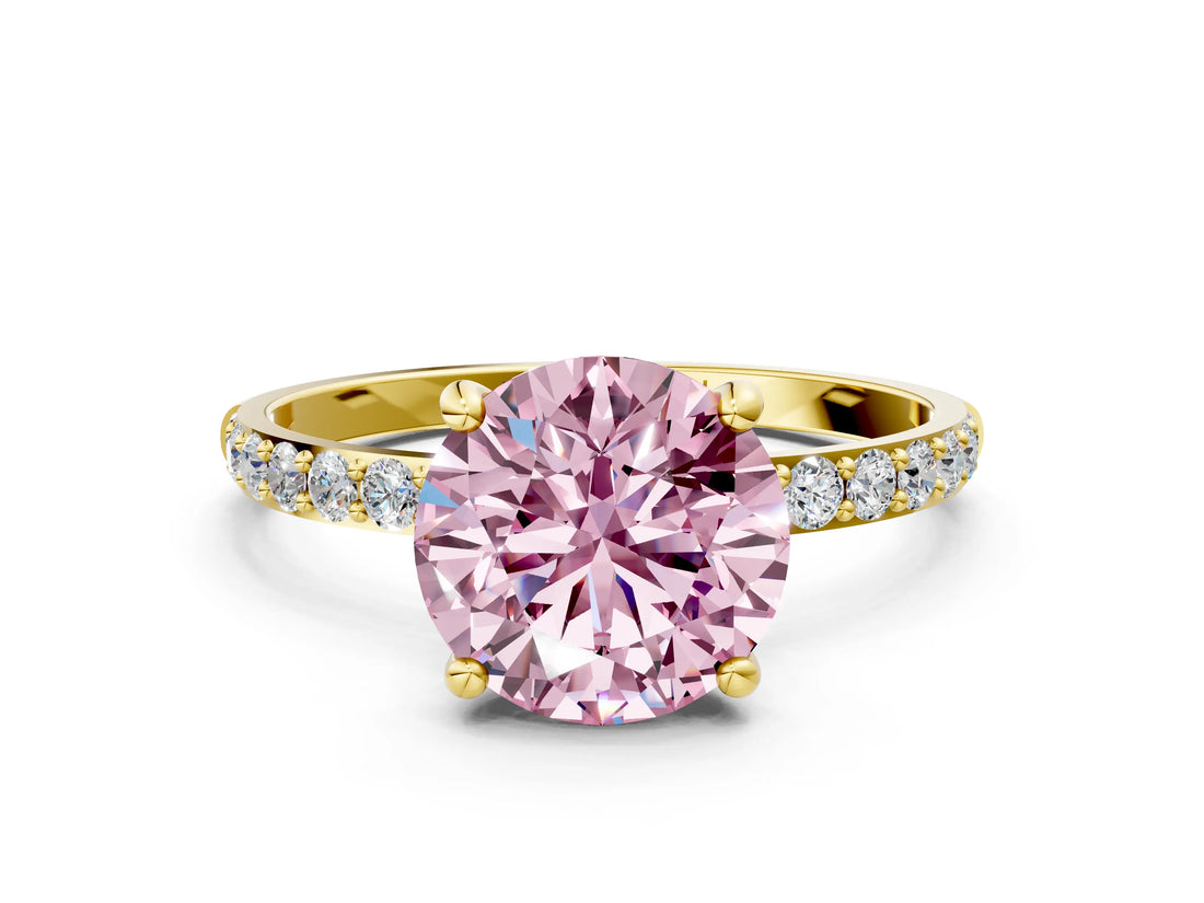 Yellow gold Fancy Pink Round Cut Diamond Solitaire Ring with Pave Band and Four Prong Setting_15
