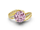 Yellow gold Fancy Pink Round Cut Diamond Solitaire Ring with Prong Setting and Twisted Pavé Band