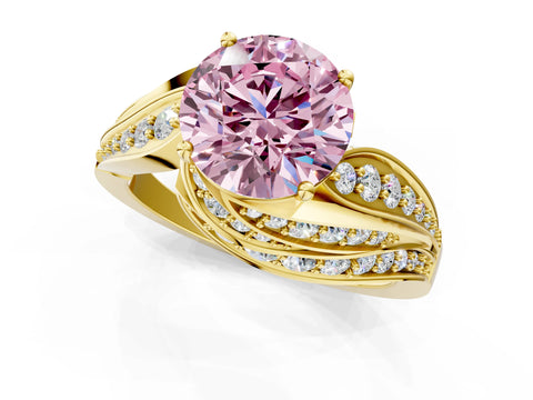 Yellow gold Fancy Pink Round Cut Diamond Solitaire Ring with Prong Setting and Twisted Pavé Band_1