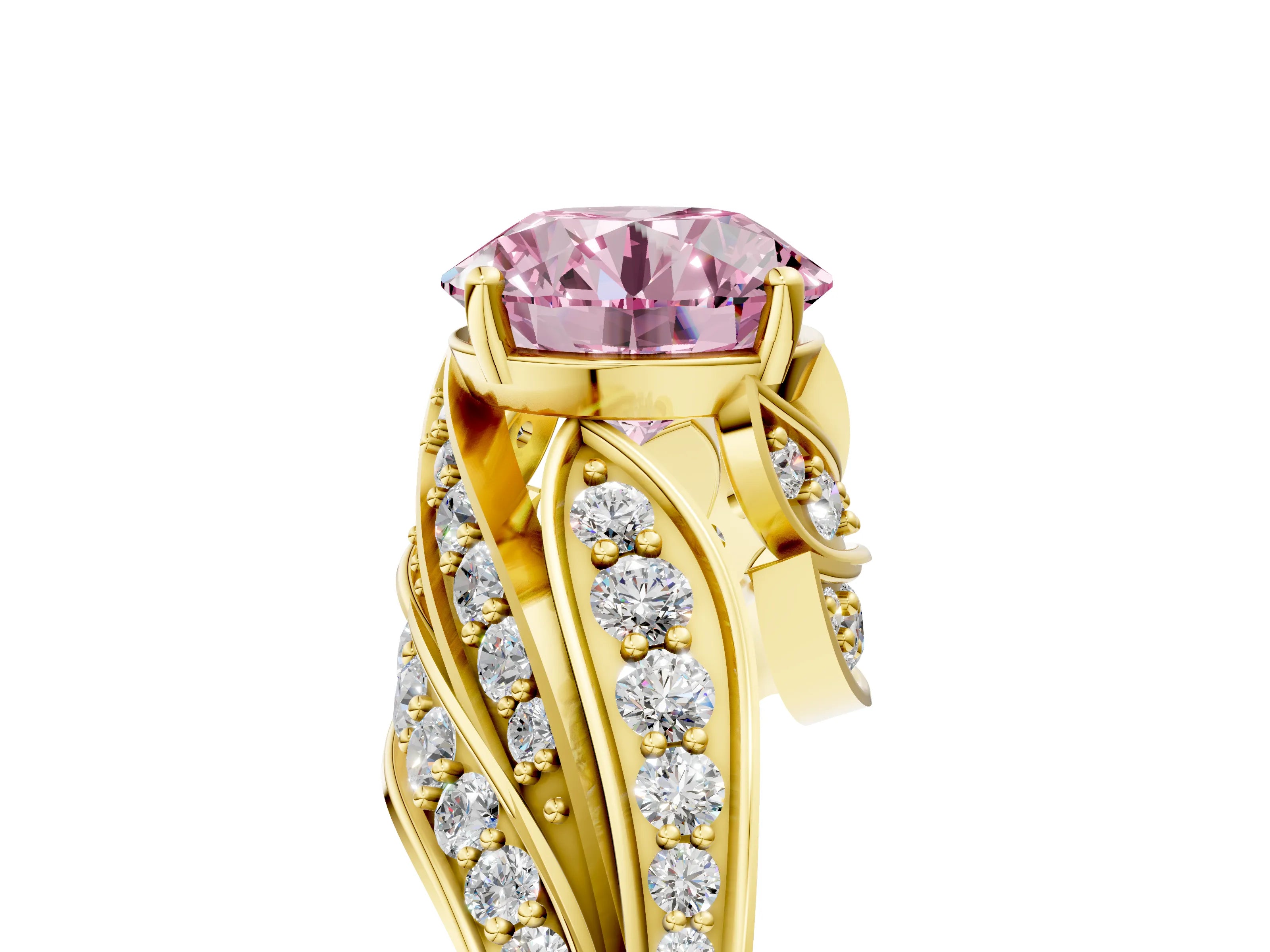 Yellow gold Fancy Pink Round Cut Diamond Solitaire Ring with Prong Setting and Twisted Pavé Band_5
