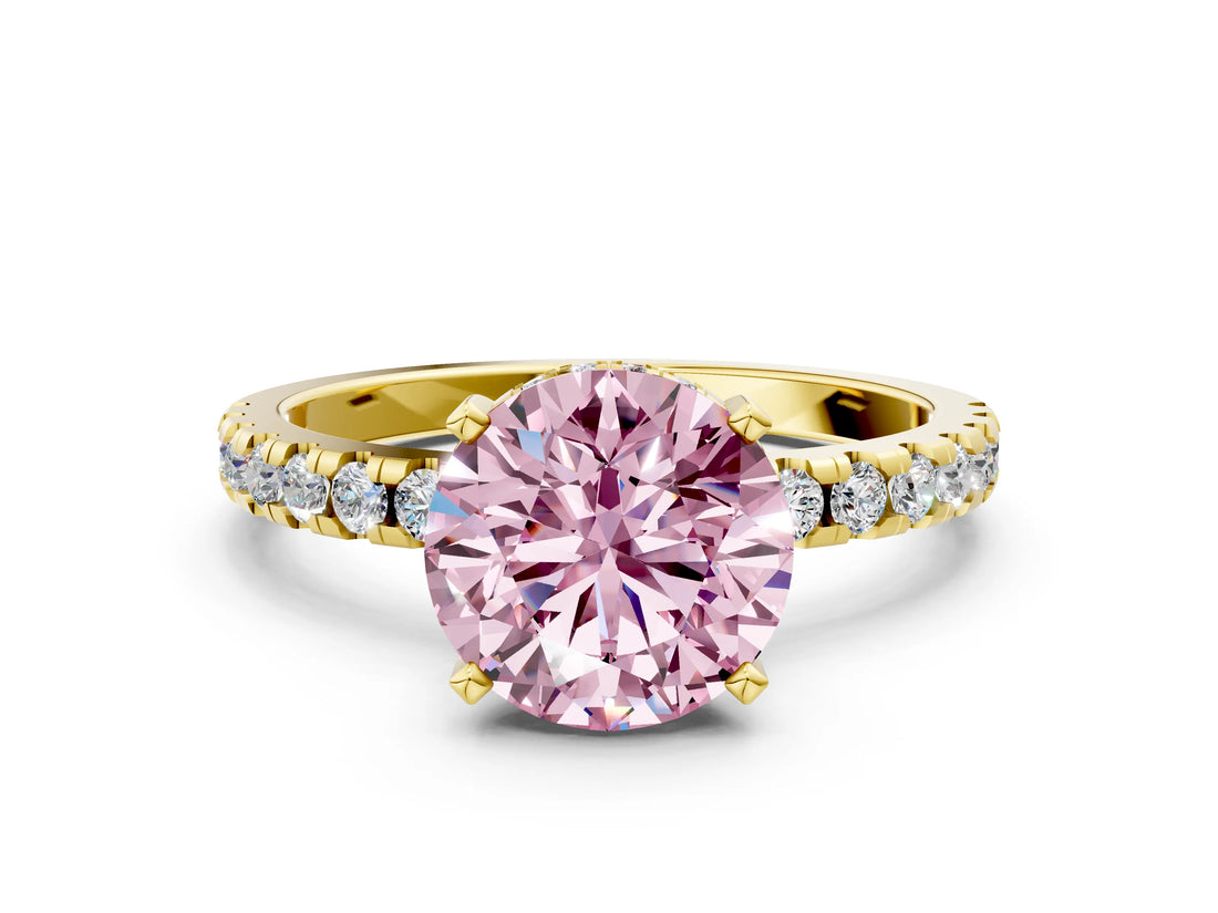 Yellow gold Fancy Pink Round Cut Diamond Solitaire Ring with Round  Pavé Band and Four-Prong Setting_36