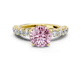 Yellow gold Fancy Pink Round Cut Diamond Solitaire Ring with Shared Prong Pavé Band and Four-Prong Setting_34