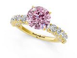 Yellow gold Fancy Pink Round Cut Diamond Solitaire Ring with Shared Prong Pavé Band and Four-Prong Setting_35