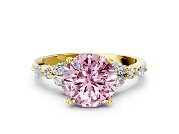 Yellow gold Fancy Pink Round Cut Diamond Solitaire Ring with Side Stones and Four-Prong Setting