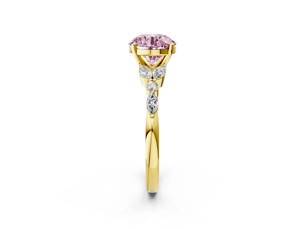 Yellow gold Fancy Pink Round Cut Diamond Solitaire Ring with Side Stones and Four-Prong Setting