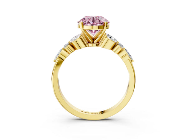 Yellow gold Fancy Pink Round Cut Diamond Solitaire Ring with Side Stones and Four-Prong Setting