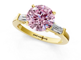 Yellow gold Fancy Pink Round  Cut Diamond Solitaire Ring with Tapered Baguette Accents and Four-Prong Setting_1