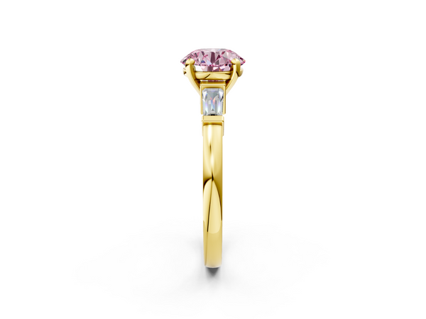 Yellow gold Fancy Pink Round  Cut Diamond Solitaire Ring with Tapered Baguette Accents and Four-Prong Setting