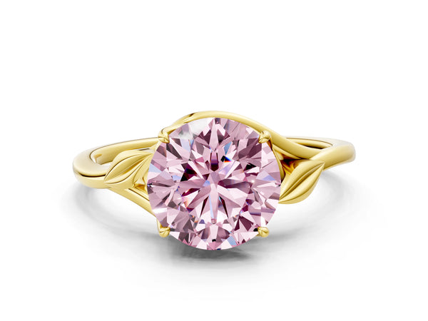 Yellow Gold Round Bypass Solitaire Engagement Ring Setting for Fancy Pink Center with Leaf Shoulders