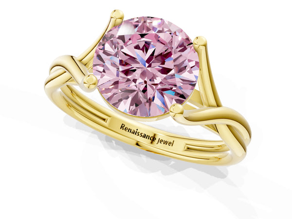 Yellow gold Fancy Pink Round Cut Diamond Solitaire Twist Band Prong Setting Ring