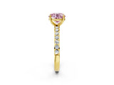 Yellow gold Fancy Pink Round  Cut Diamond Solitaire with Pave Band and Four-Prong Setting 14