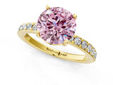 Yellow gold Fancy Pink Round  Cut Diamond Solitaire with Pave Band and Four-Prong Setting 15