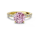 Yellow gold Fancy Pink Round  Cut Diamond Solitaire with Pave Band and Four-Prong Setting 16