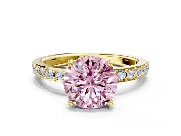 Yellow gold Fancy Pink Round  Cut Diamond Solitaire with Pave Band and Four-Prong Setting