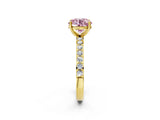 Yellow gold Fancy Pink Round  Cut Diamond Solitaire with Pave Band and Four-Prong Setting 4
