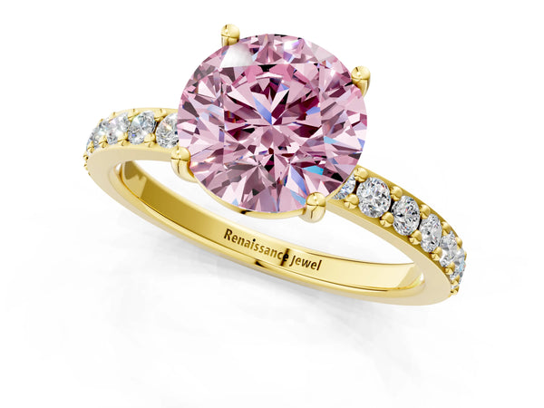 Yellow gold Fancy Pink Round  Cut Diamond Solitaire with Pave Band and Four-Prong Setting
