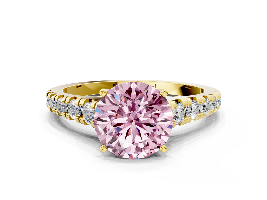 Yellow gold Fancy Pink Round  Cut Diamond Solitaire with Pave Band and Four-Prong Setting