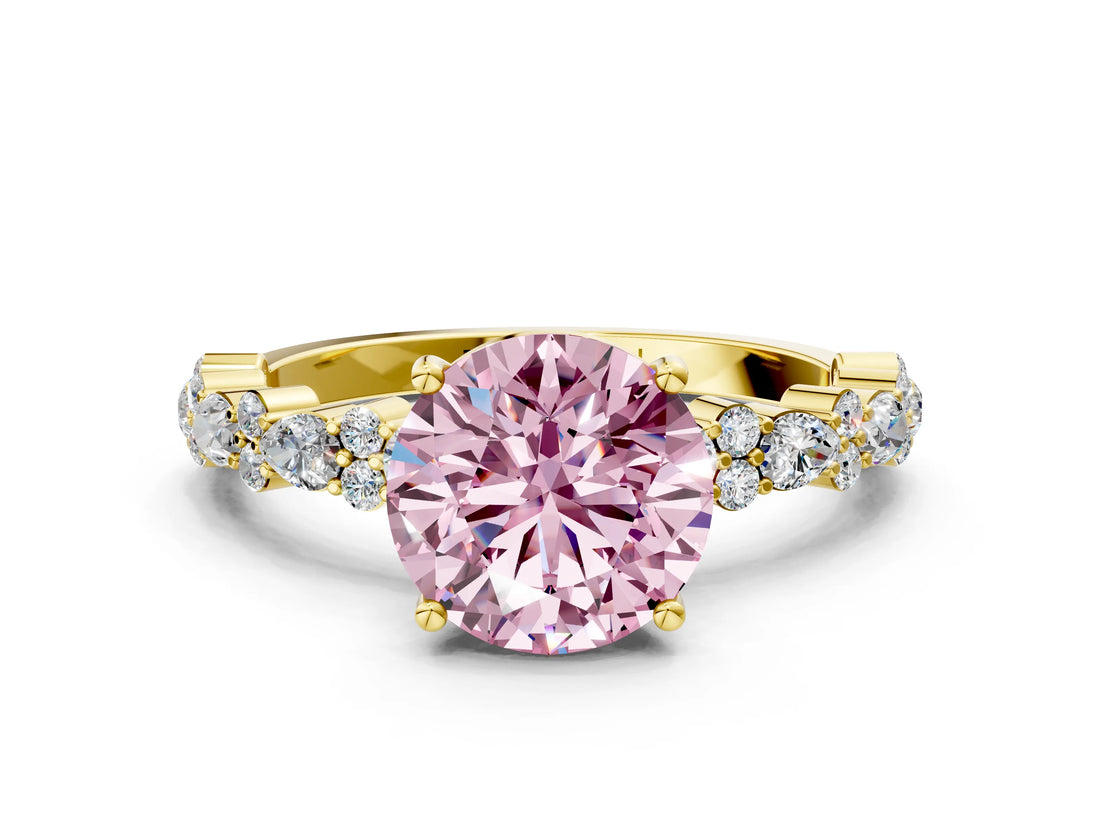 Yellow gold Fancy Pink Round Cut Diamond Solitaire with Side Stones, Pave Band, Four-Prong Setting_41