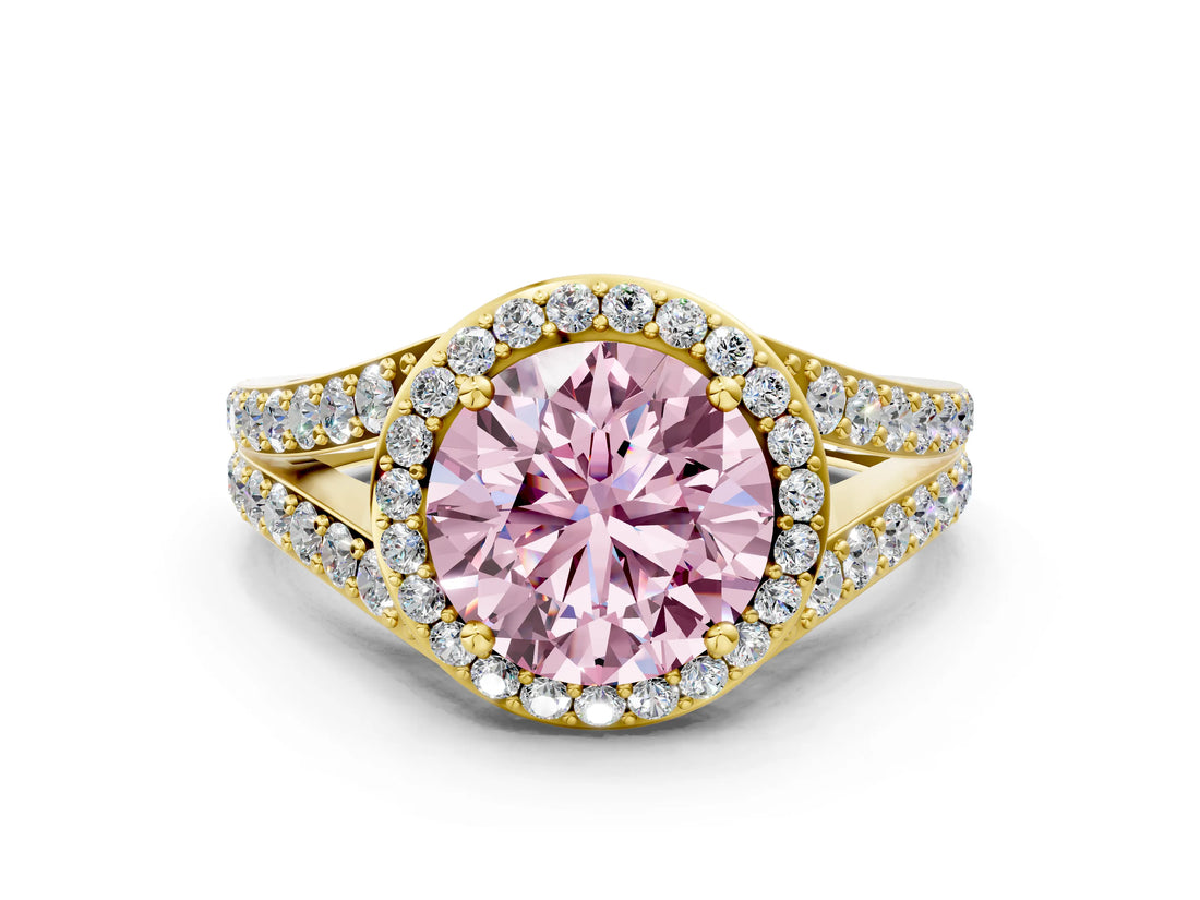Yellow gold Fancy Pink Round Cut Diamond Split Shank Halo Ring with Four-Prong Setting_17