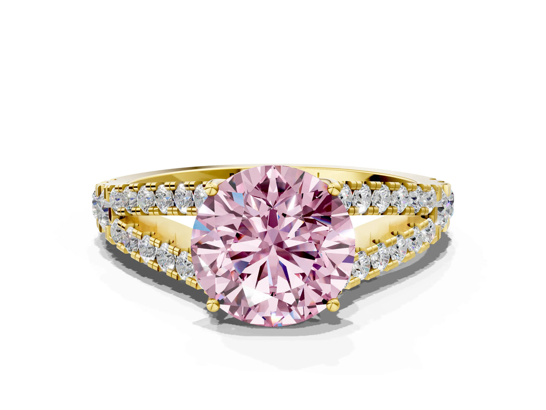 Yellow gold Fancy Pink Round Cut Diamond Split Shank Pavé Engagement Ring with Four-Prong Setting_17