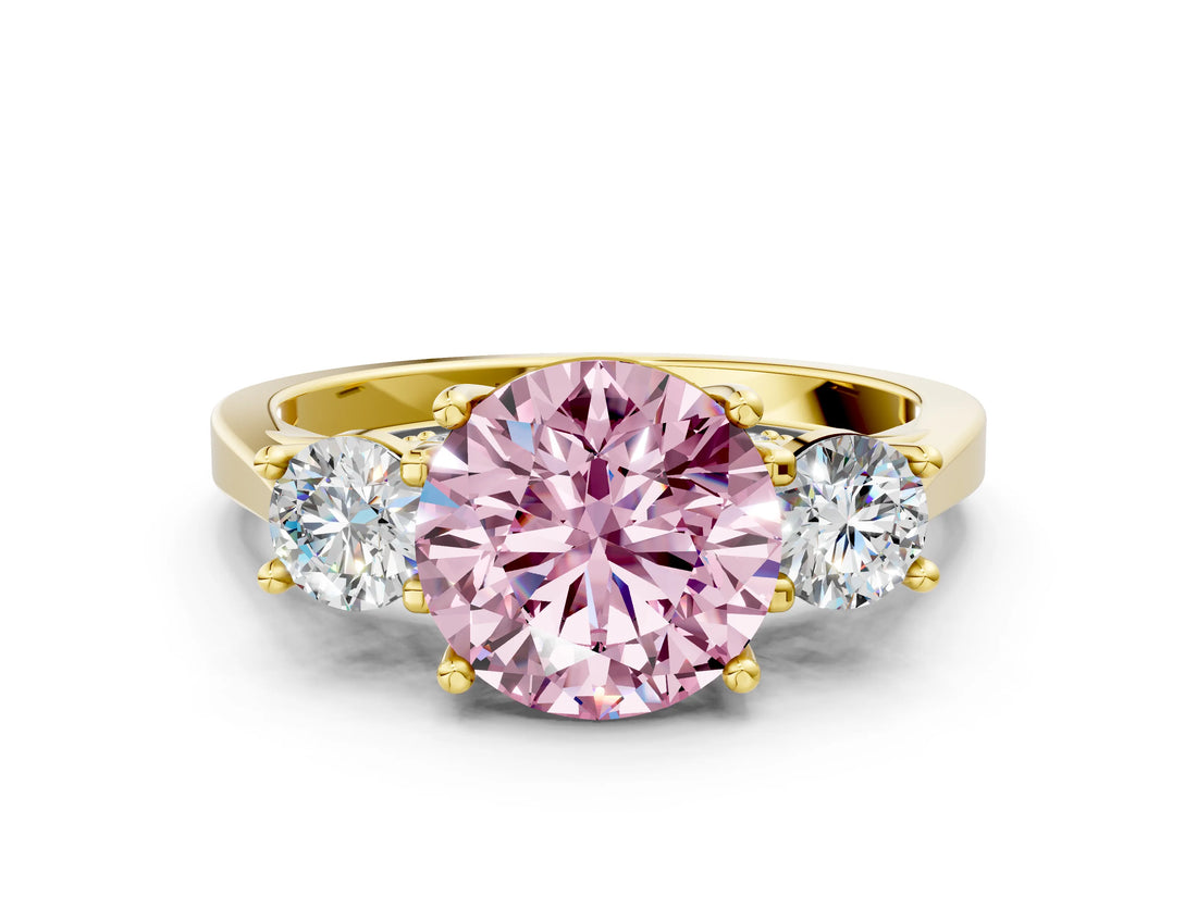 Yellow gold Fancy Pink Round Cut Diamond Three-Stone Engagement Ring with Prong Setting and Pavé Band