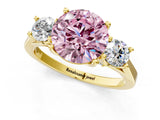 Yellow gold Fancy Pink Round Cut Diamond Three-Stone Engagement Ring with Prong Setting and Pavé Band_1