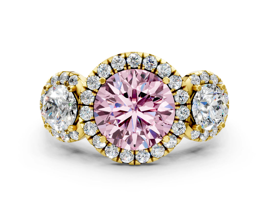 Yellow gold Fancy Pink Round Cut Diamond Three-Stone Halo Ring with Prong Setting and Pavé Accents