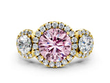 Yellow gold Fancy Pink Round Cut Diamond Three-Stone Halo Ring with Prong Setting and Pavé Accents
