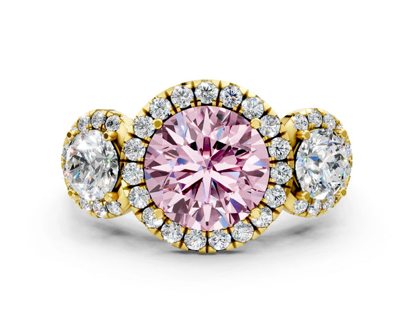 Yellow Gold Round Three Stone Halo Engagement Ring Setting for Fancy Pink Center