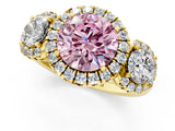Yellow gold Fancy Pink Round Cut Diamond Three-Stone Halo Ring with Prong Setting and Pavé Accents_1