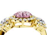 Yellow gold Fancy Pink Round Cut Diamond Three-Stone Halo Ring with Prong Setting and Pavé Accents_4