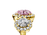 Yellow gold Fancy Pink Round Cut Diamond Three-Stone Halo Ring with Prong Setting and Pavé Accents_5