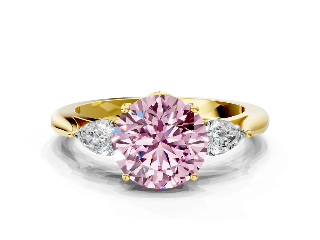 Yellow gold Fancy Pink Round Cut Diamond Three-Stone Ring with Pear Side Stones and Four-Prong Setting_47