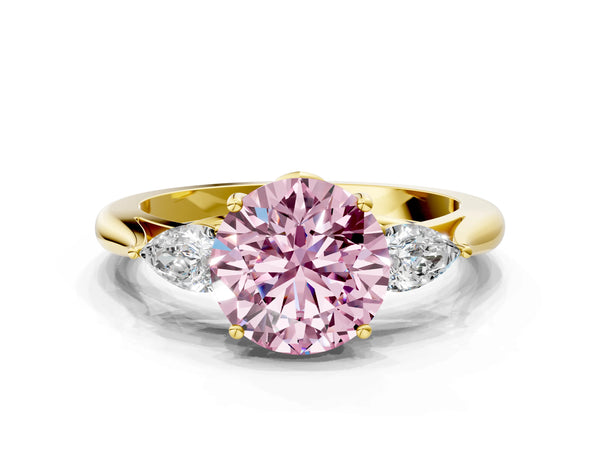 Yellow Gold Round Three Stone Pear Side Engagement Ring Setting for Fancy Pink Center