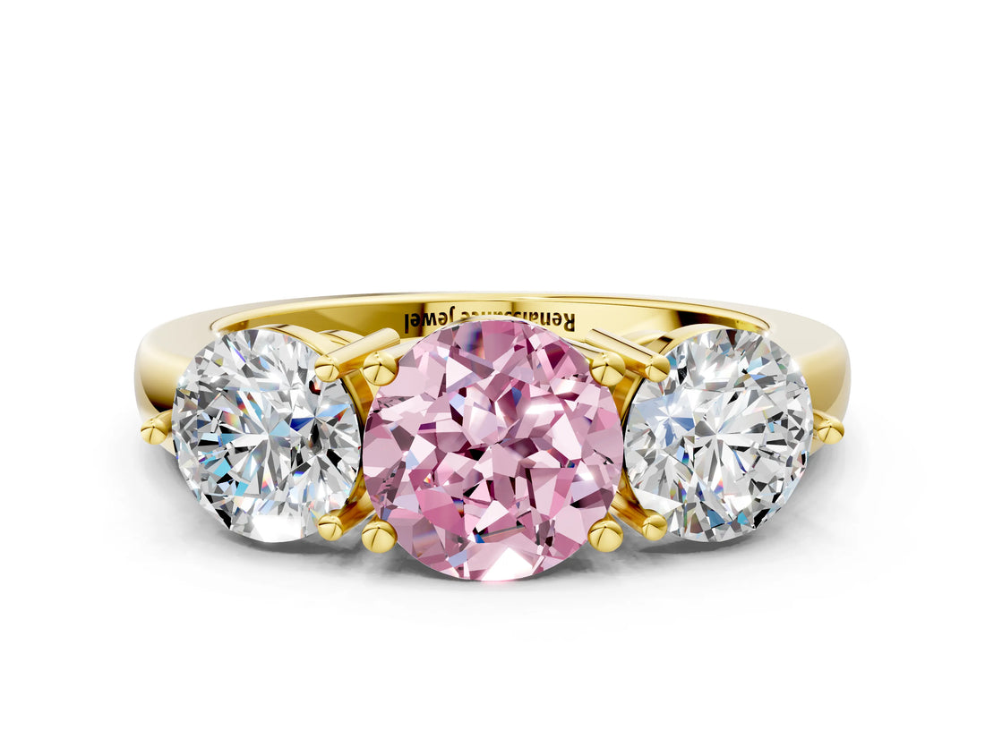 Yellow gold Fancy Pink Round Cut Diamond Three-Stone Ring with Prong Setting and Classic Band_46