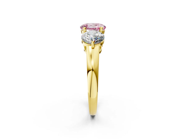 Yellow gold Fancy Pink Round Cut Diamond Three-Stone Ring with Prong Setting and Classic Band