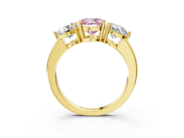 Yellow gold Fancy Pink Round Cut Diamond Three-Stone Ring with Prong Setting and Classic Band