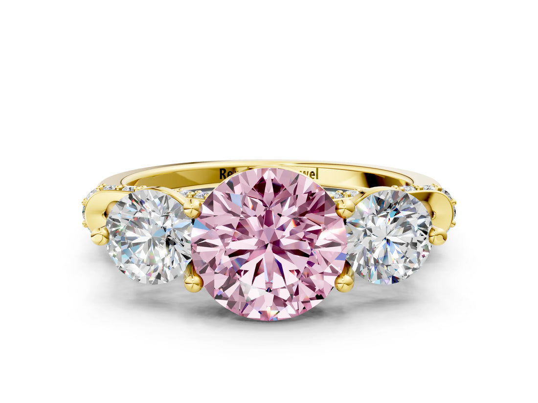 Yellow gold Fancy Pink Round Cut Diamond Three-Stone Ring with Prong Setting and Pavé Band
