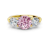 Yellow gold Fancy Pink Round Cut Diamond Three-Stone Ring with Prong Setting and Pavé Band