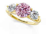 Yellow gold Fancy Pink Round Cut Diamond Three-Stone Ring with Prong Setting and Pavé Band_1