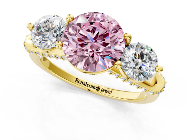 Yellow Gold Round Curved Pave Three Stone Engagement Ring Setting for Fancy Pink Center
