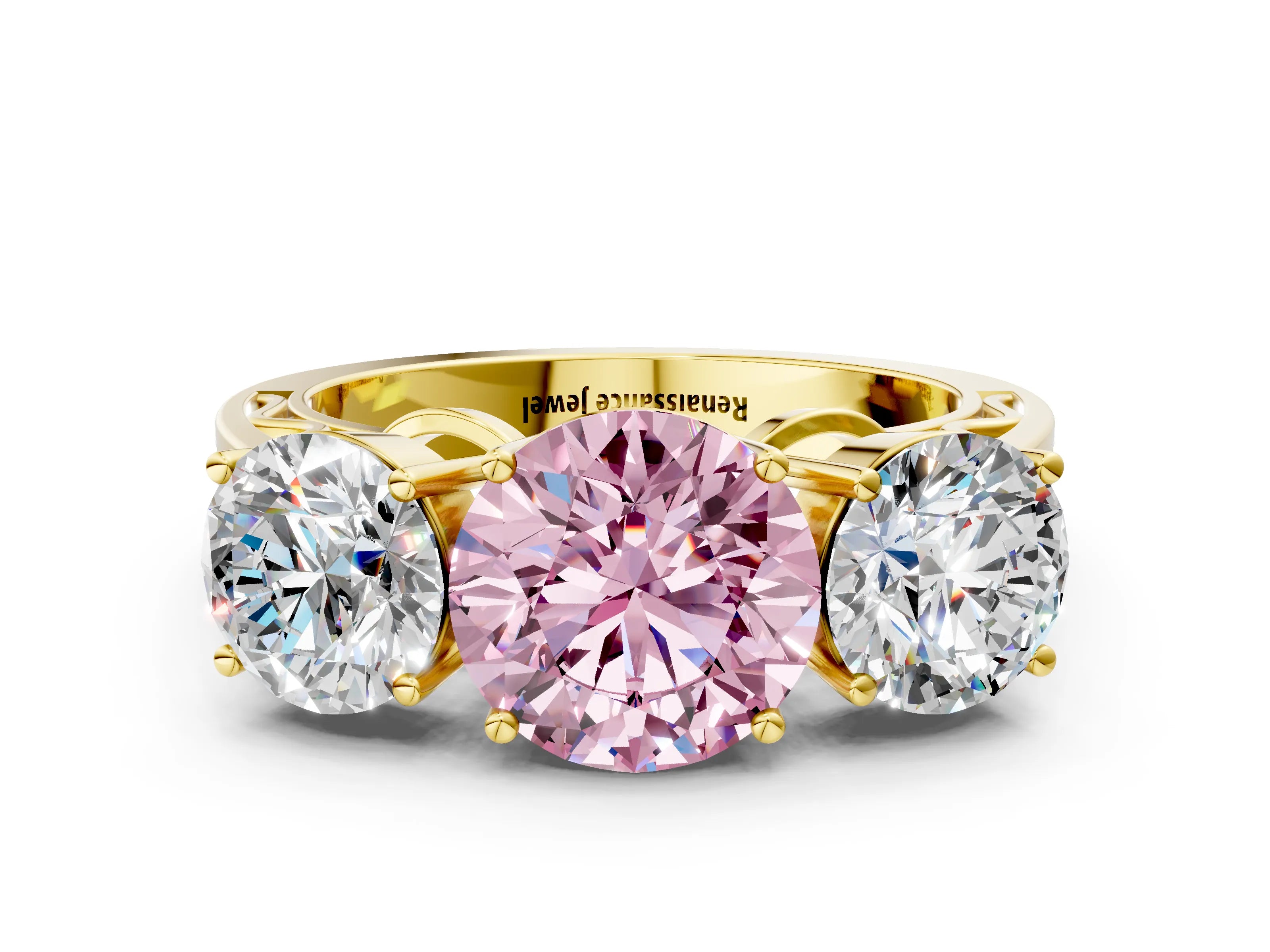 Yellow gold Fancy Pink Round Cut Diamond Three-Stone Ring with Prong Setting and Textured Band