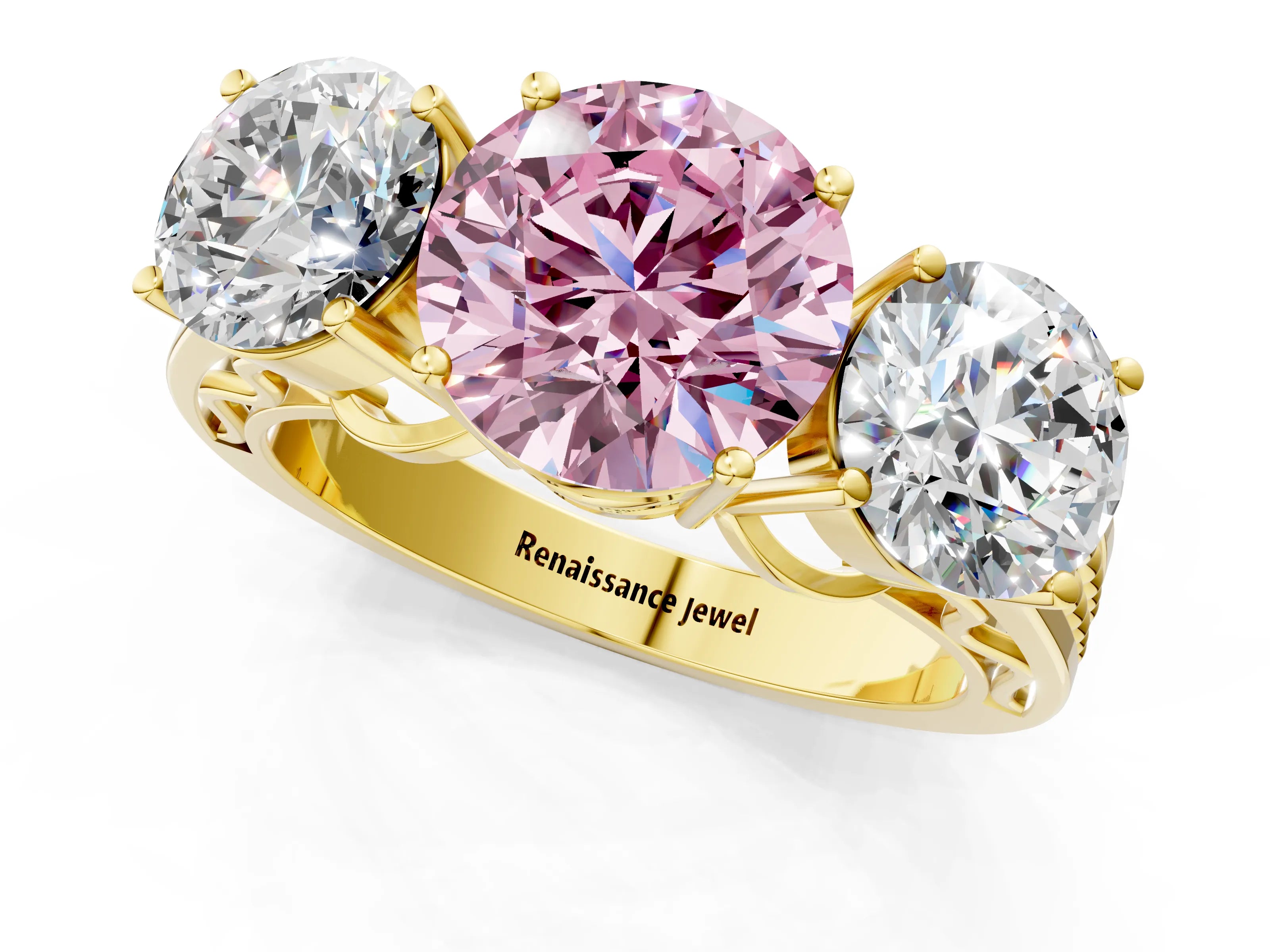 Yellow gold Fancy Pink Round Cut Diamond Three-Stone Ring with Prong Setting and Textured Band_1