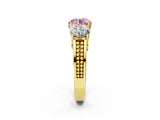 Yellow gold Fancy Pink Round Cut Diamond Three-Stone Ring with Prong Setting and Textured Band_2