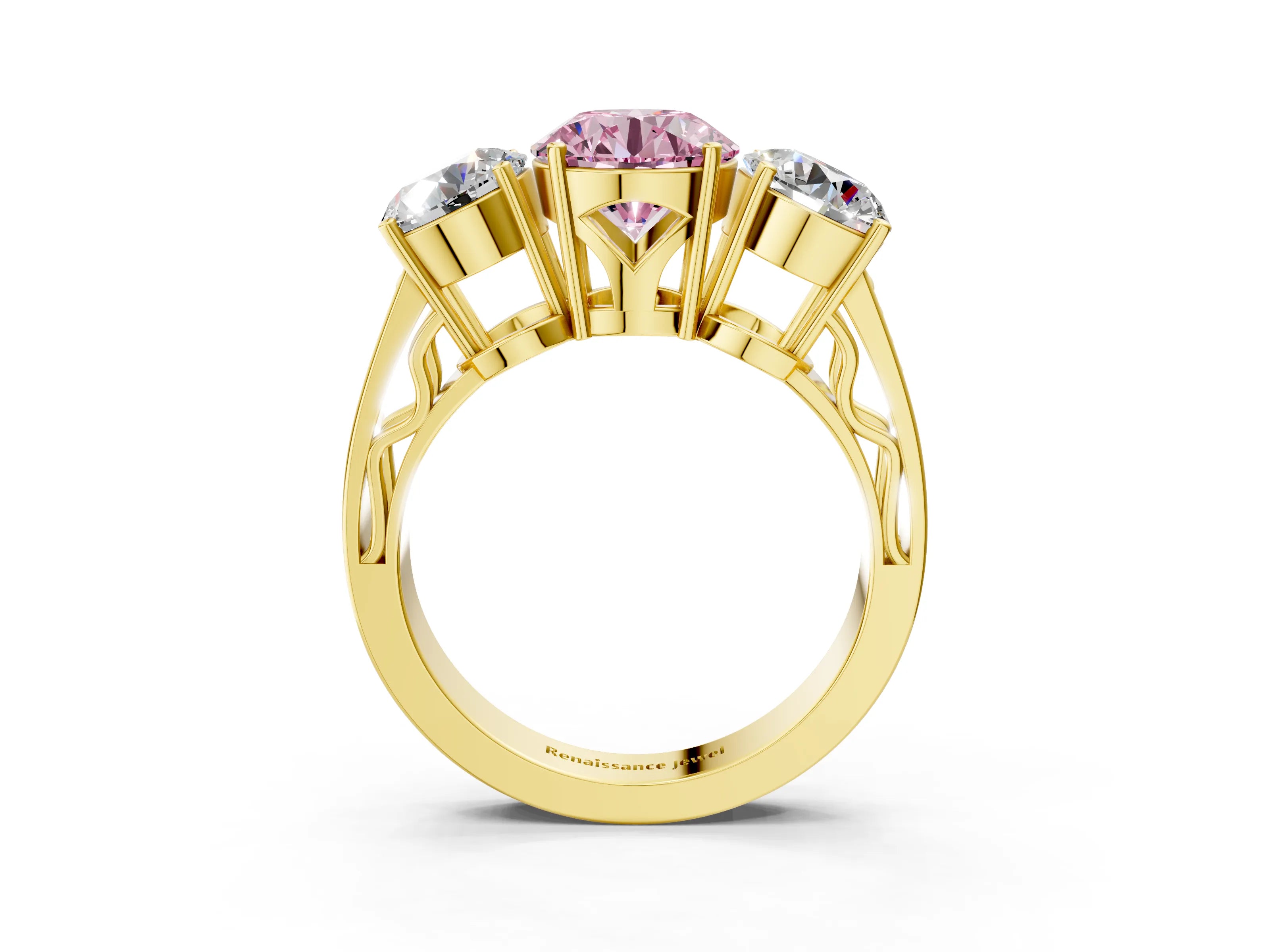 Yellow gold Fancy Pink Round Cut Diamond Three-Stone Ring with Prong Setting and Textured Band_3