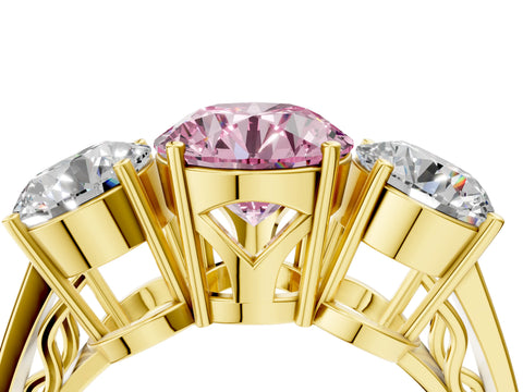 Yellow gold Fancy Pink Round Cut Diamond Three-Stone Ring with Prong Setting and Textured Band_4