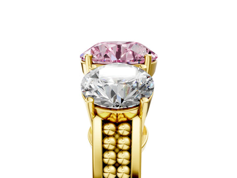 Yellow gold Fancy Pink Round Cut Diamond Three-Stone Ring with Prong Setting and Textured Band_5
