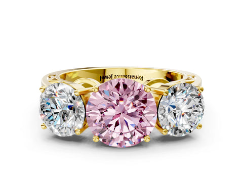 Yellow gold Fancy Pink Round Cut Diamond Three-Stone Ring with Prong Setting and Textured Band